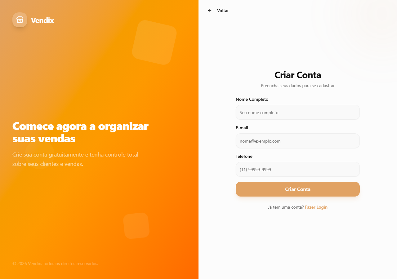 Tela de criar conta do EuVendo X, com campos para nome completo, e-mail e telefone, e o botão laranja Criar Conta