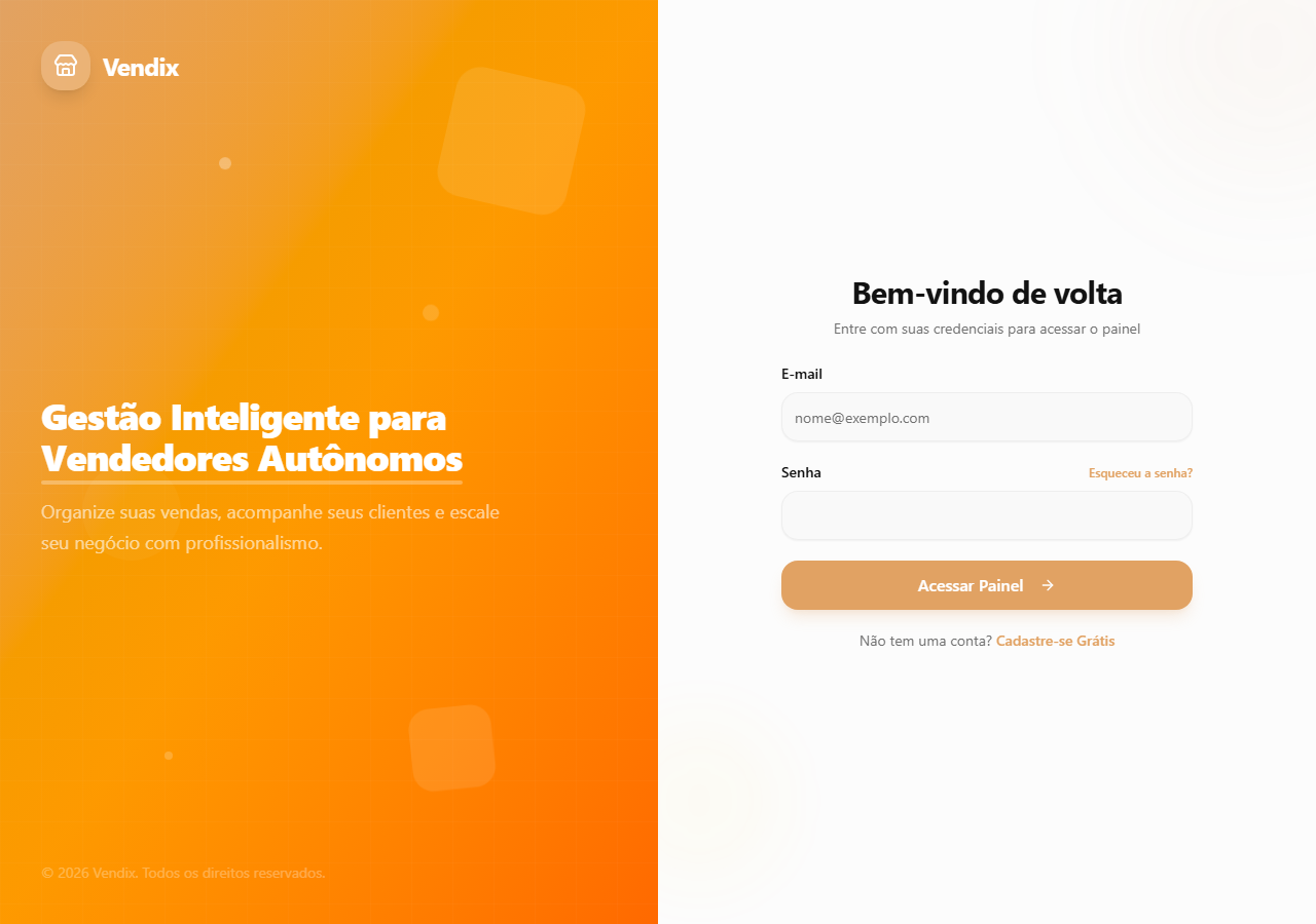 Tela de login do EuVendo X com campos de e-mail e senha