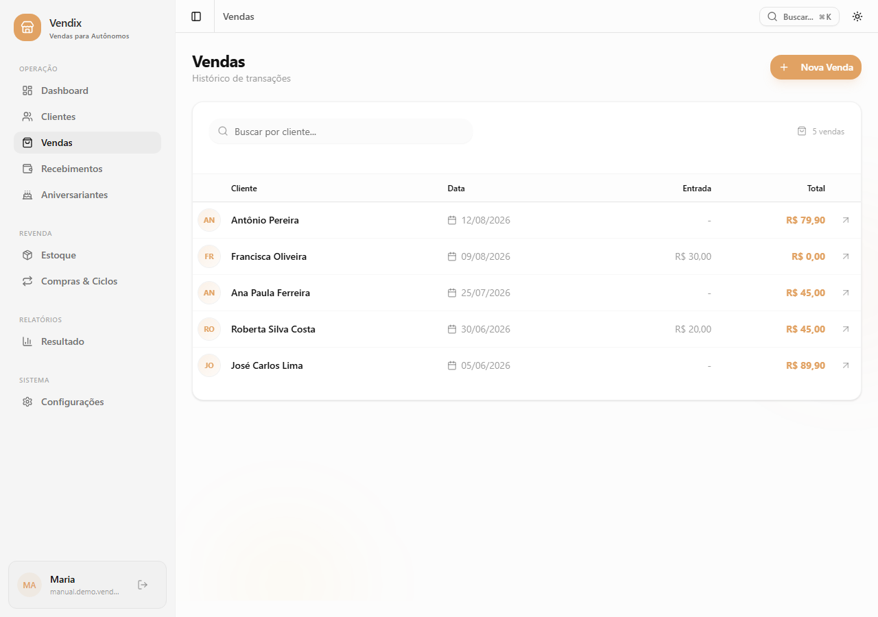 Lista de vendas mostrando cliente, data e valor de cada venda