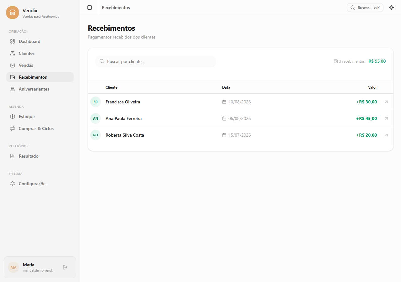 Lista de recebimentos mostrando cliente, data e valor pago