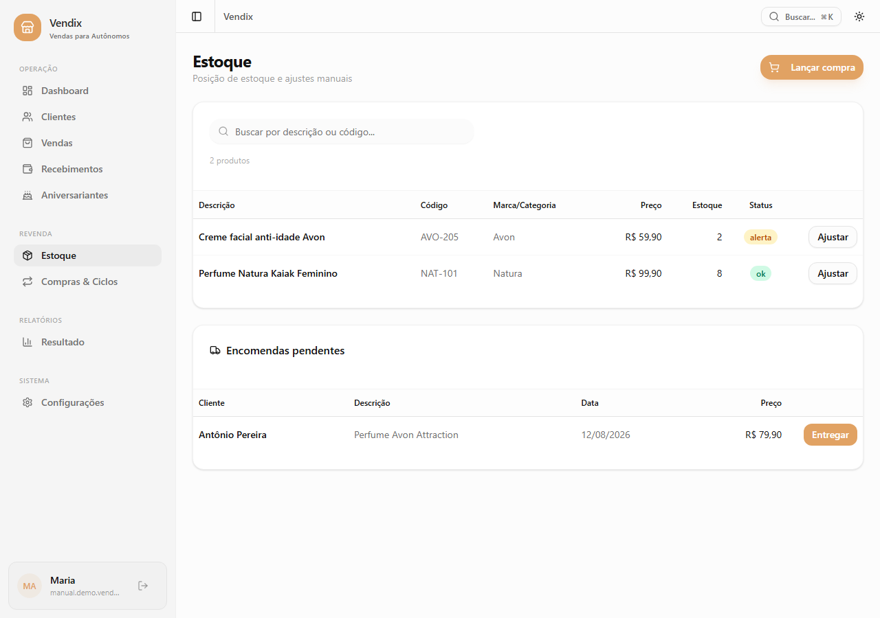 Tela de estoque mostrando produtos, quantidade disponível, status e encomendas pendentes